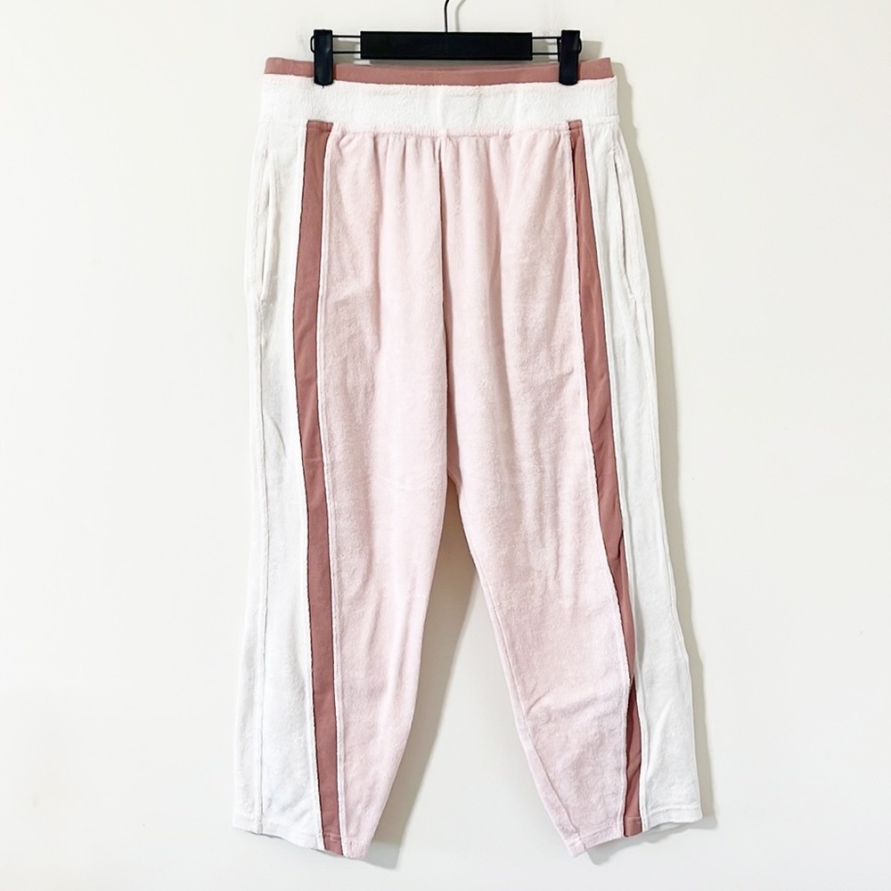 Free People Intimately Terry Cloth High Rise Pink Cream Brown Jogger Pants Sz L - Picture 1 of 8